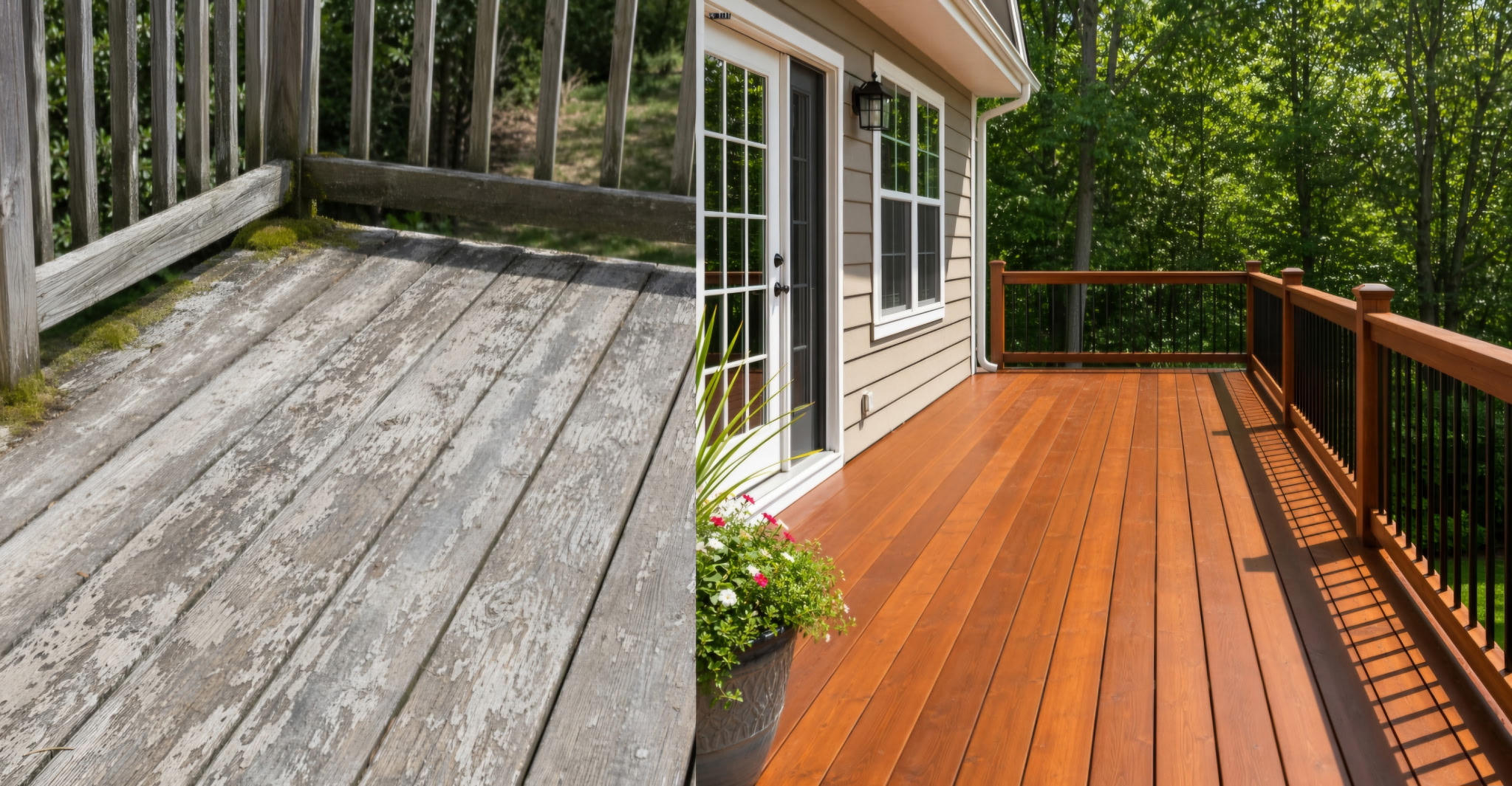 Before and after deck renovation showing worn boards restored to finished decking