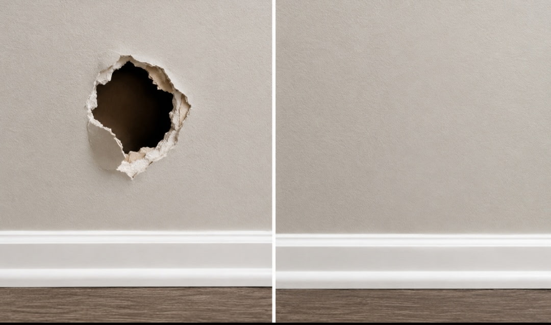 Before and after drywall repair showing a patch smoothed and ready for paint